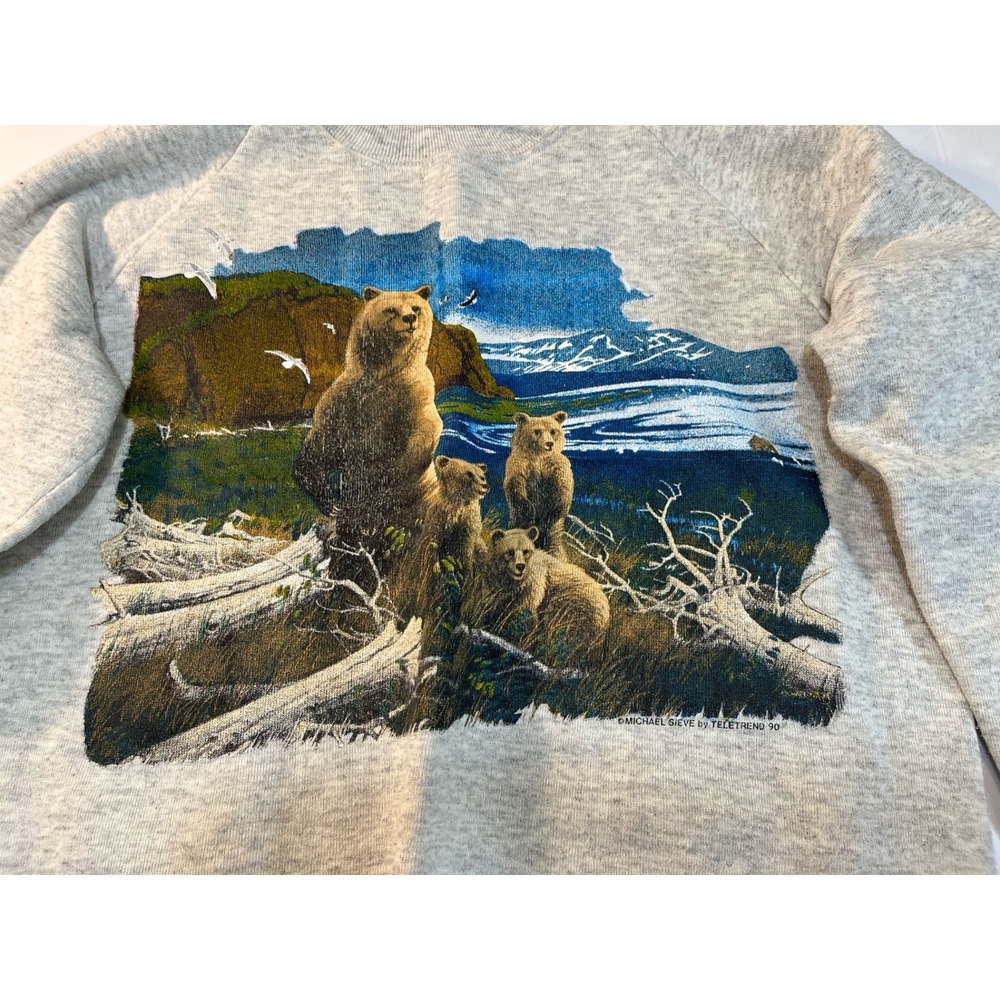 Vintage Bear Graphic Sweatshirt Mens M Gray Michael Sieve 1990 USA Wildlife